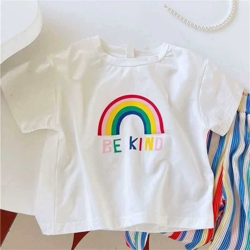 Baby Girls Tops Sets Kids Short-Sleeved Top Striped Trousers 2 Pieces Summer Rainbow Suit New Children's Fashion Casual Outfit