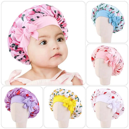 Kids Satin Bonnet Sleep Hat Silk Shower Cap for Child Hair Beanie At Night Boy Girls Flower Printed Silk Sleep Cap with Band Bow