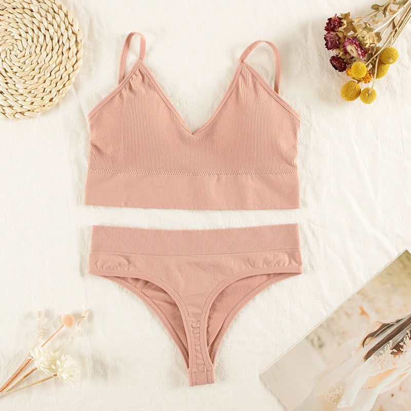 CHRLEISURE Women Underwear Set Wireless Lingerie Panties Bra Sexy G-String Seamless Tank Crop Top Brassiere New