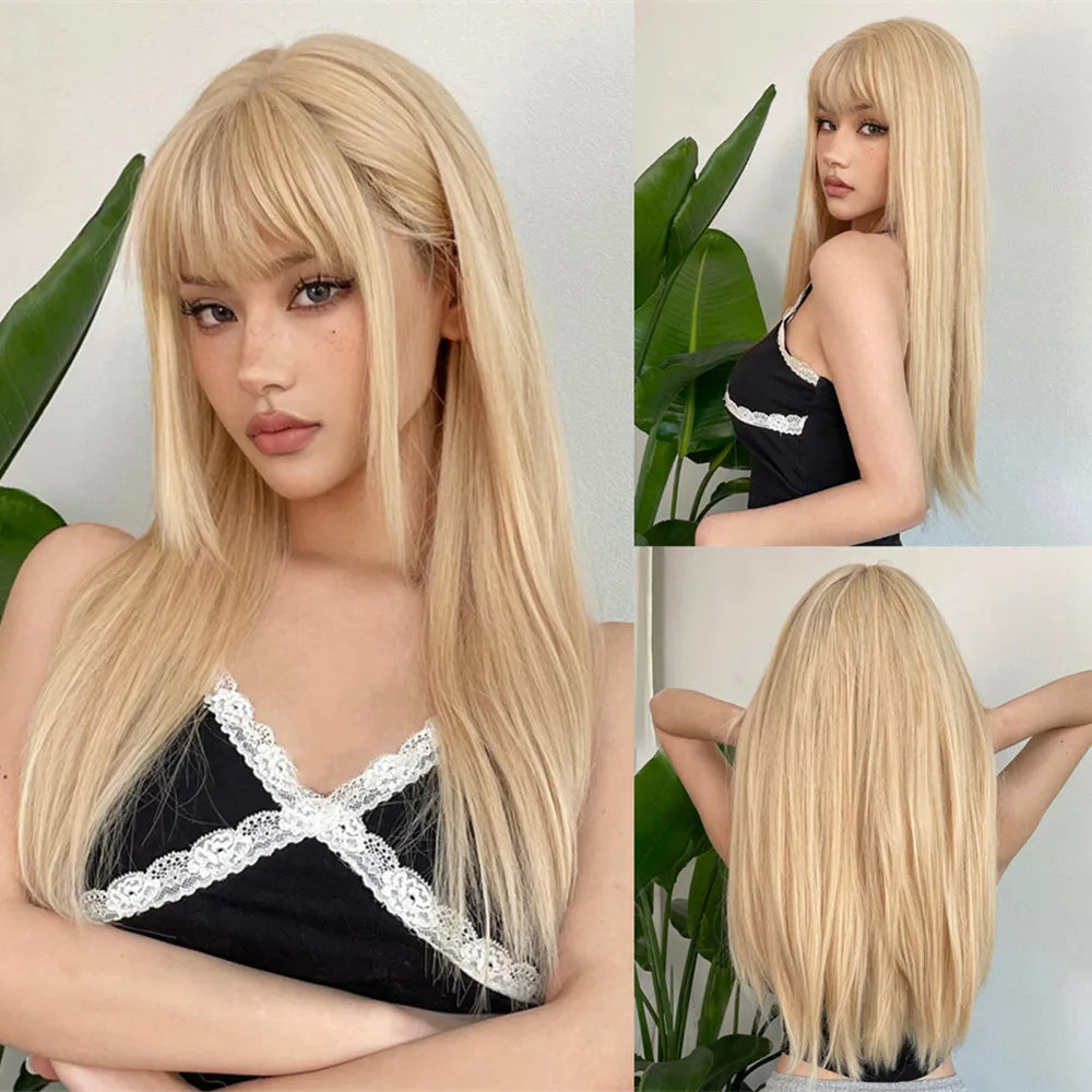Light Wine Red Synthetic Wigs With Bangs for Women, Long Straight Hair Wig, Natural Cosplay Party, Heat Resistant