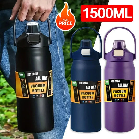 Botella térmica de acero inoxidable, termo portátil de 1500ML con pajita, vaso de gran capacidad, taza deportiva para montañismo