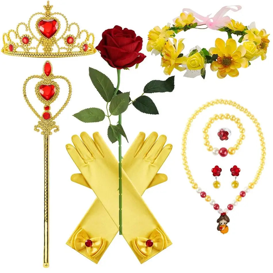 Kids Belle Cosplay Party Princess Dress Beauty Beast Princess Clothes Halloween Event Festival Party Flowers Print Costume