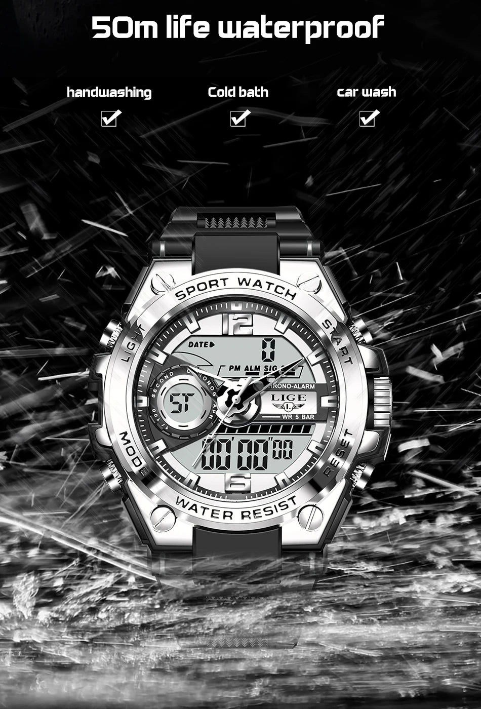 Reloj militar LIGE para hombre, digital, resistente al agua hasta 50 m, LED, de cuarzo, deportivo, grande, Masculino