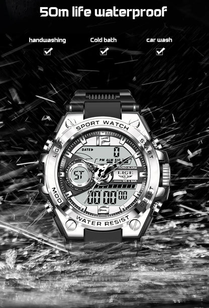 Reloj militar LIGE para hombre, digital, resistente al agua hasta 50 m, LED, de cuarzo, deportivo, grande, Masculino