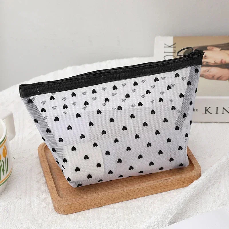 Heart-Shaped Nylon Mesh Cosmetic Bag Portable Toiletry Organizer for Women Makeup Storage
