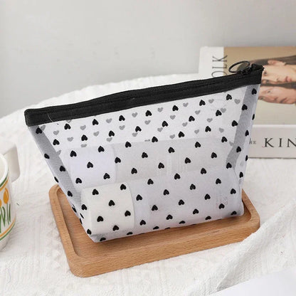 Heart-Shaped Nylon Mesh Cosmetic Bag Portable Toiletry Organizer for Women Makeup Storage