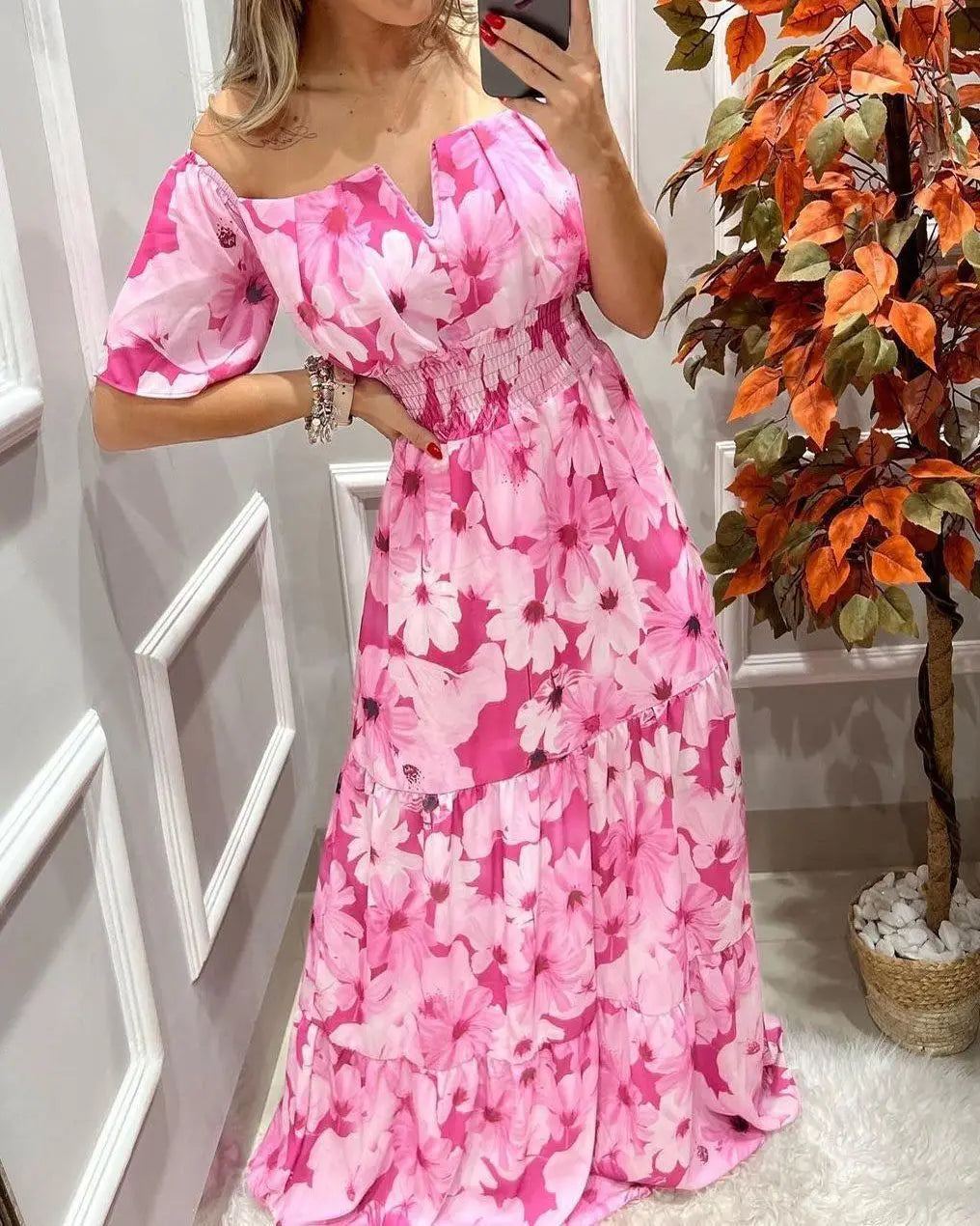 Women's Dresses 2022 Summer Vintage Print Off The Shoulder Casual V Neck Long Sleeved Waist Slim Maxi Dress