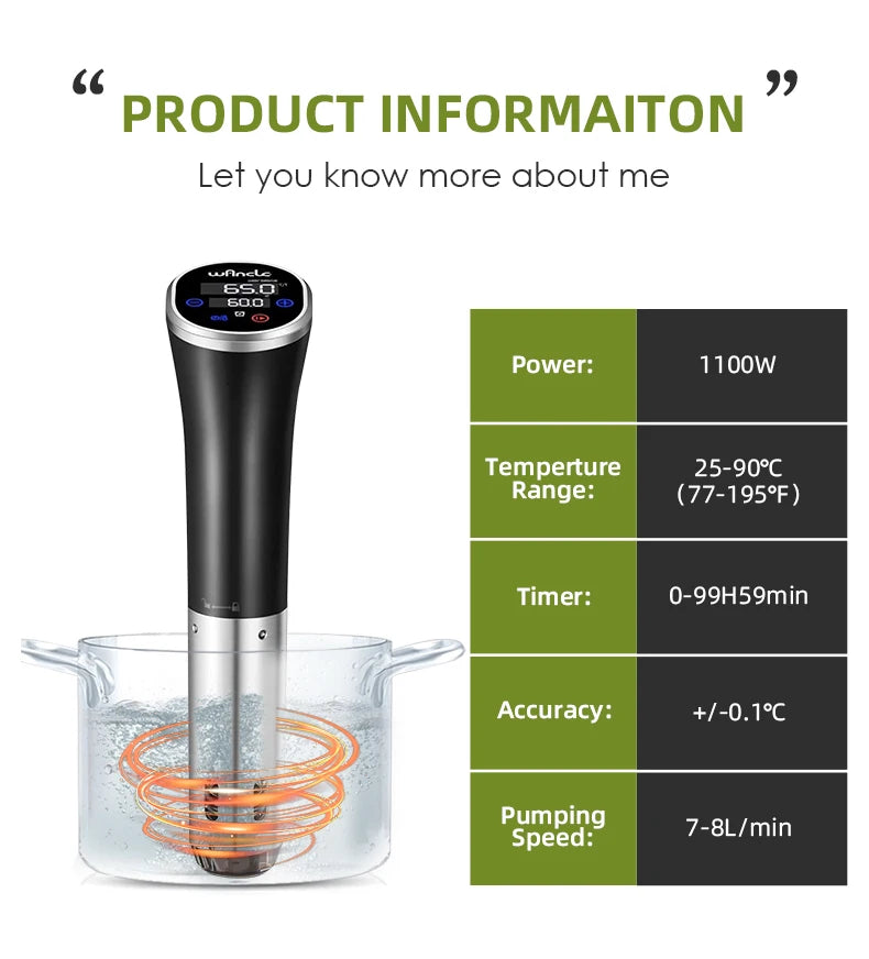 Wancle Vacuum Sous Vide Cooker IPX7 Waterproof Heater Immersion Circulator Slow Cooker with Digital Display Reservation Function