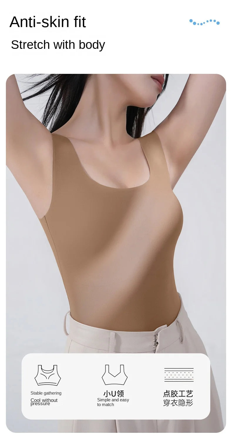 2 piezas/lote de camiseta sin mangas de seda sin costuras con almohadilla fija en el pecho para mujer, camisola sin mangas, ropa interior exterior, camisola de verano de alta elasticidad