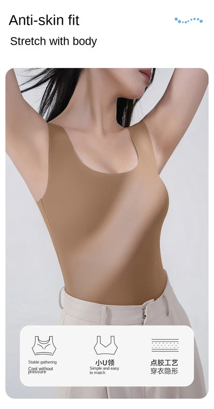 2 piezas/lote de camiseta sin mangas de seda sin costuras con almohadilla fija en el pecho para mujer, camisola sin mangas, ropa interior exterior, camisola de verano de alta elasticidad