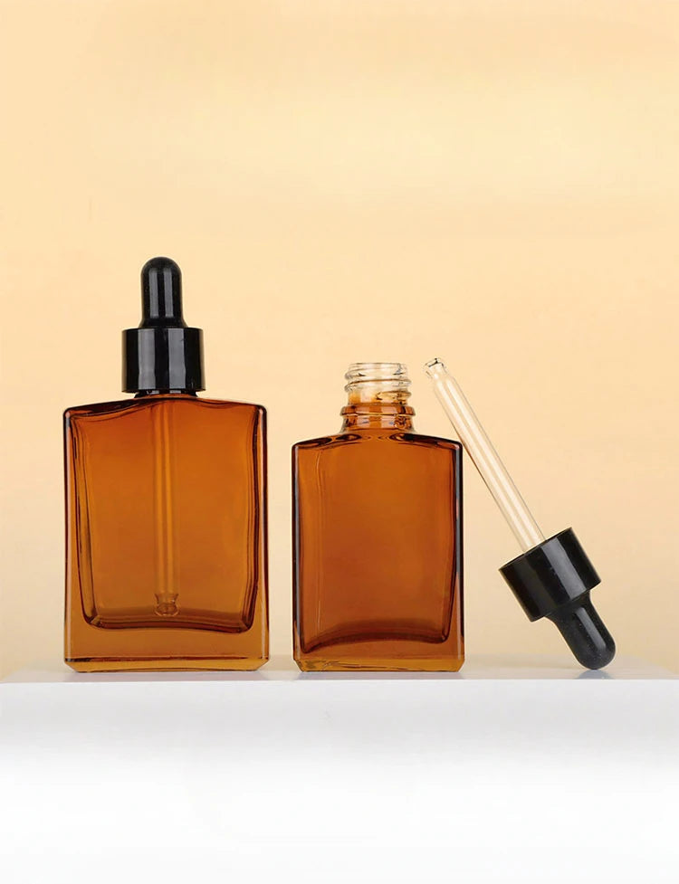 100ml ‌Amber Flat-Shoulder Rectangular Essential Oil Dropper Bottle – 100ml Refillable Glass Container Cosmetic Containers