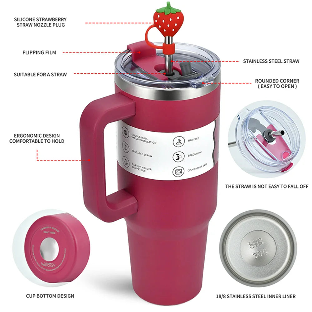 1pcs Watersy 1200ml/40oz Tumbler with Handle Pink Stainless Steel Thermal Portable Vacuum Insulated Gifts Cup