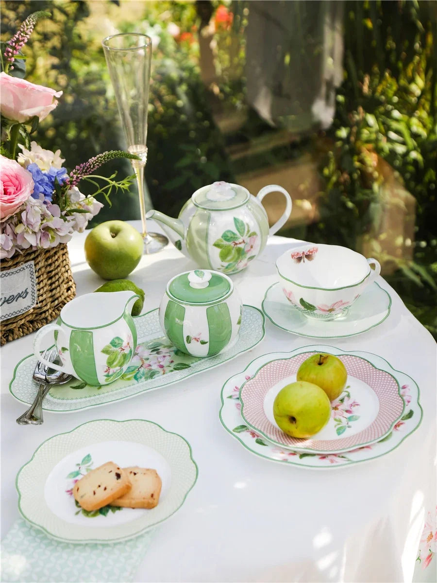 Ceramic Plate Household Bone China Dinner Plate Set Vintage Green Flower Dishes Tableware Oval Large Tray Dinnerware Sets