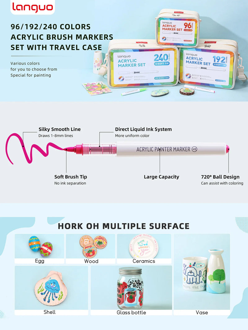 Languo 9pcs/box Soft Brush Acrylic Marker Pen Set，DIY Hand Drawn,Paint Art Markers pens,Student Graffiti Acrylic Paint Pens,M720