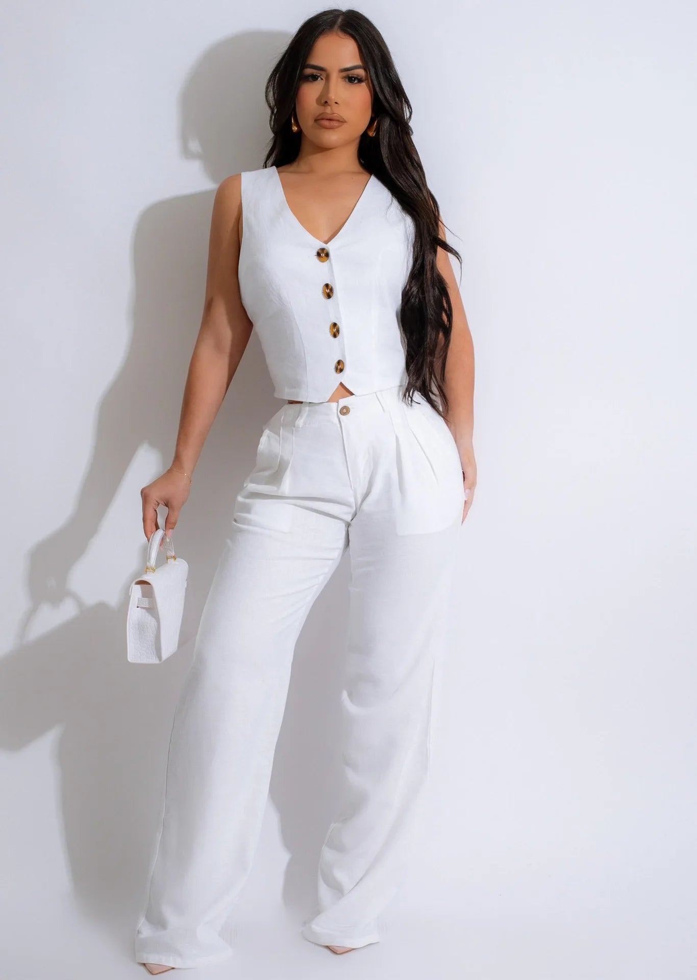 Fashion Sleeveless Vest Pants Women's Solid Color Suit Spring Summer V-Neck Ultra Short Top + Slim Pants Female Office 2 Piece Set