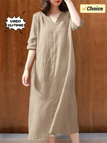Vestido elegante de verano 2022 para mujer, de algodón y fibra de cáñamo, talla grande, con escote en V, monocromático, de longitud media y empalmado. 