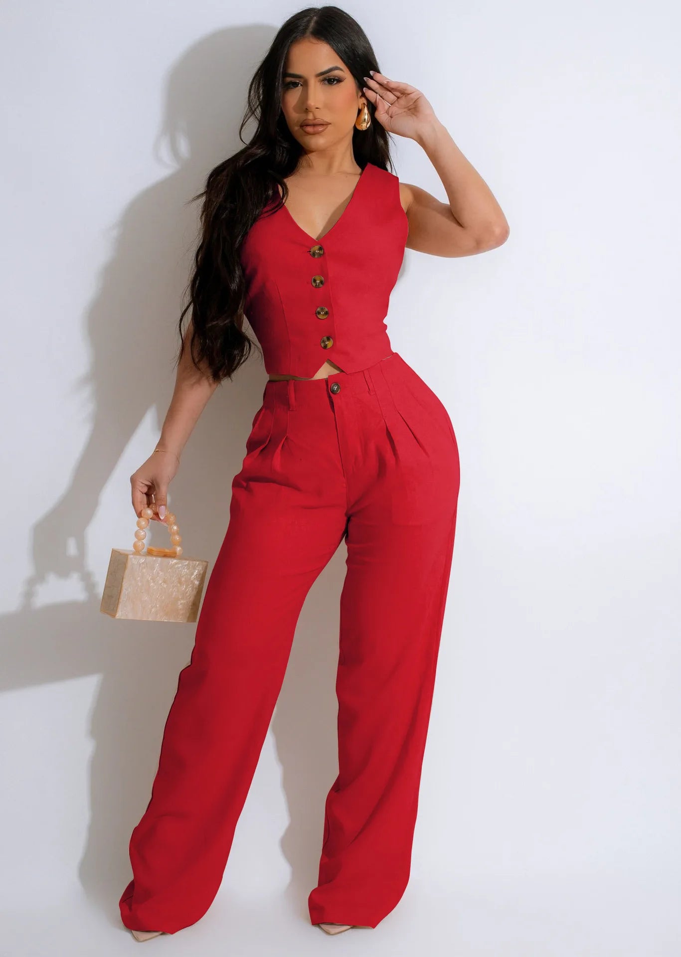 Fashion Sleeveless Vest Pants Women's Solid Color Suit Spring Summer V-Neck Ultra Short Top + Slim Pants Female Office 2 Piece Set