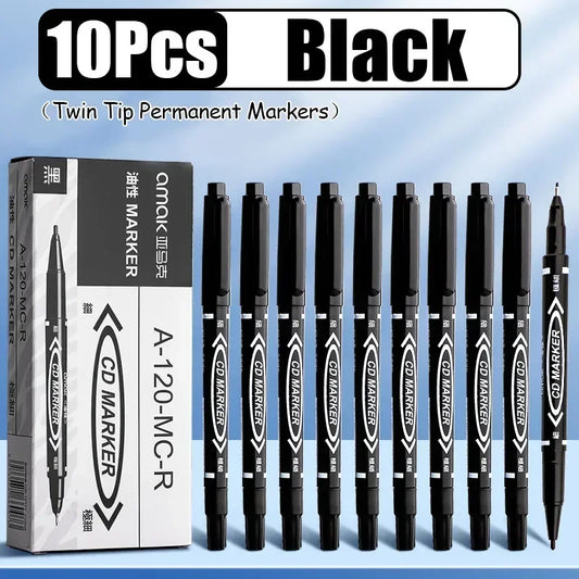 10Pcs Double Tip Permanent Markers Pens Waterproof Oily Fine Tip Black Painting Marker Graffiti Marking Pens School Supplies