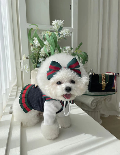FATHIN Dog Princess Dresses Puppy Bow Knot Dress Luxury Pet Skirt Striped Dresses for Small Medium Cats