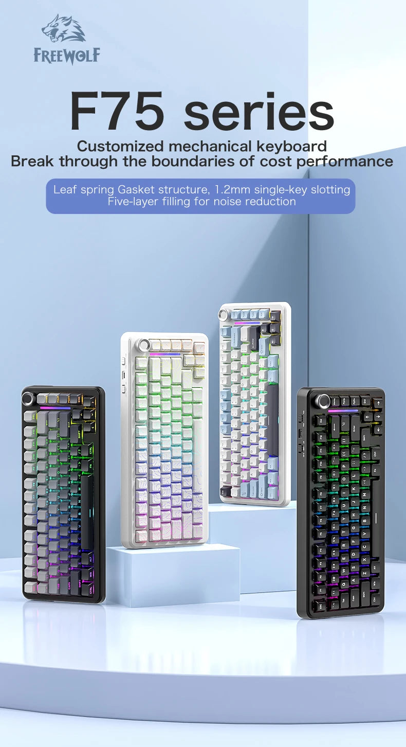 75% Hot-Swap Gaming Keyboard, Wireless FREEWOL F75 RGB Mechanical Keyboard with Metal Knobs, AULA F75 Same Model, Tri-Mode, 4000 mAh