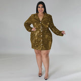 Women Plus Size Suit Dresses Fashion Lapel Long Sleeve Sequin Blazer Elegant Casual Lady Solid Color Jacket Dress for Party 