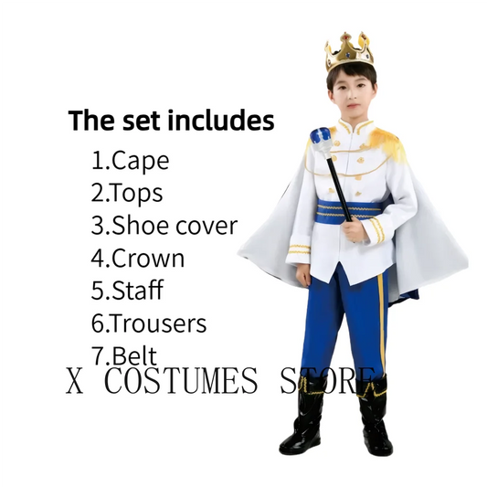 Boy's King Prince Cosplay Costume Prince Crown Scepter Cloak Royalty Suit Halloween Birthday Carnival Costumes Fancy Dress Up