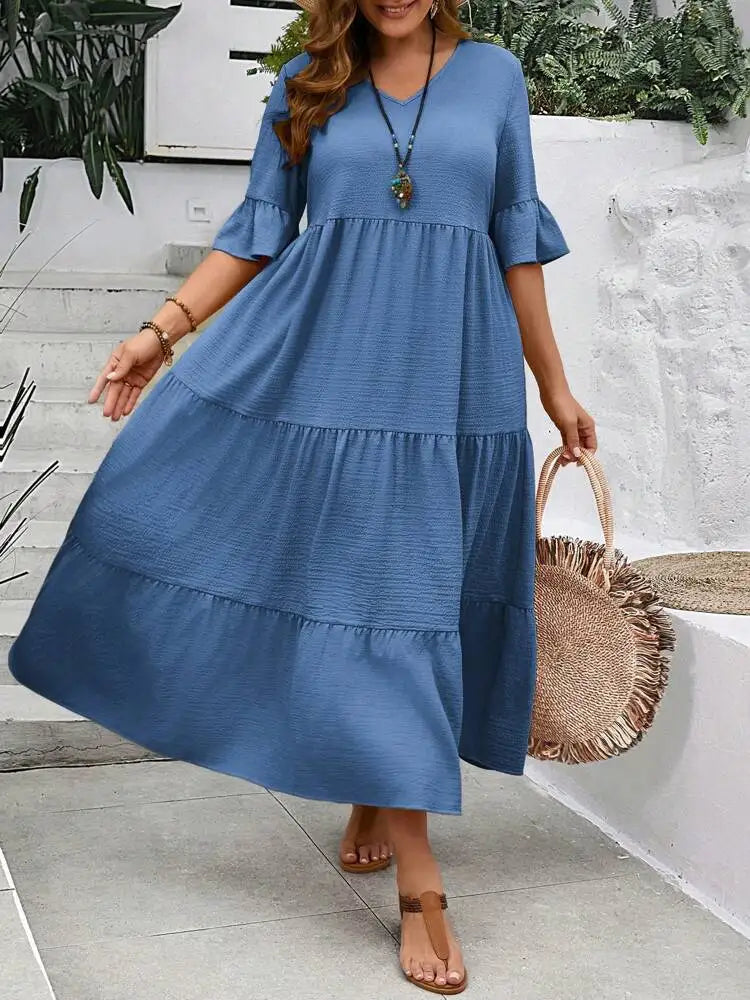 Vestido largo de talla grande, multicolor, con escote en V grande, nuevo, primavera y verano de 2024 