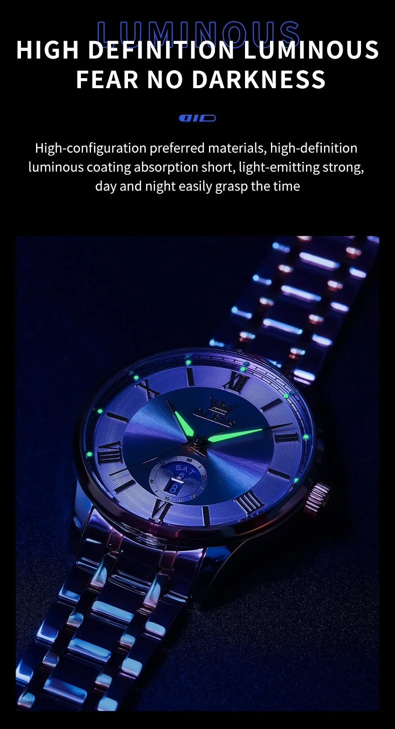 OLEVS 3638 Mens Watch Original Quartz Watch Stainless Steel Waterproof Luminous Large Dial Day Date Watches Luxury Men Box Reloj
