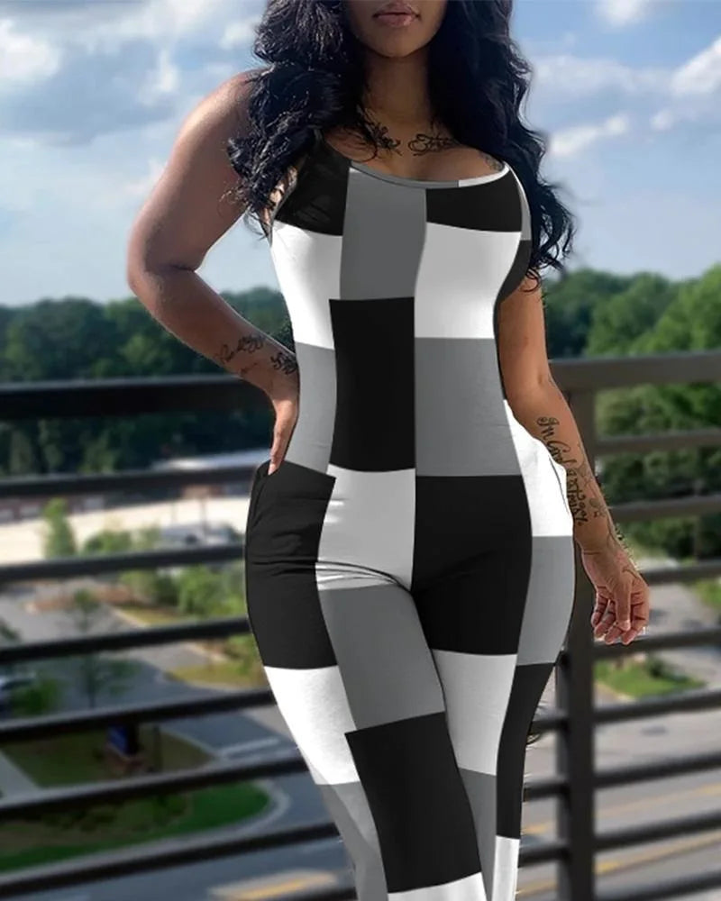 Women's Jumpsuit Summer Fashion Printed Solid Color V-Neck Casual Sleeveless Long Skinny Suspender Jumpsuit