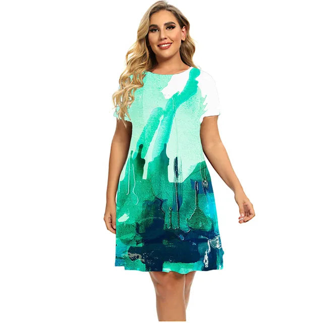 Women's Plant Flower Print Dress Short Sleeve Loose A-line Dress O-neck Casual Dress Plus Size Summer 