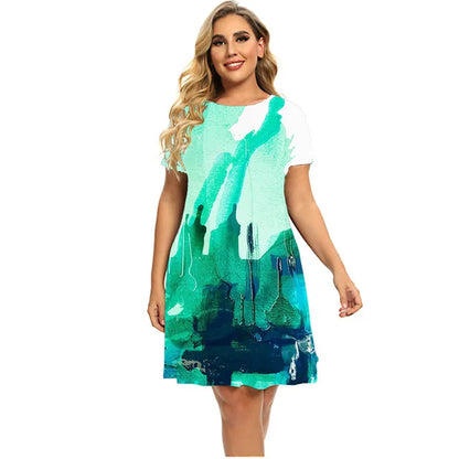Vestido de mujer con estampado de flores y plantas, manga corta, holgado, corte A, cuello redondo, informal, talla grande, verano 