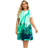Women's Plant Flower Print Dress Short Sleeve Loose A-line Dress O-neck Casual Dress Plus Size Summer 