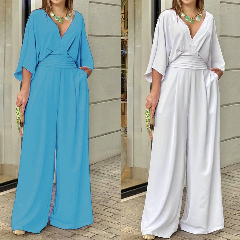 Solid Color Jumpsuits For Woman Jumpsuit Women's Clothing Temperament Simple Style Casual V-link Loose Tighten The Waist Elegant