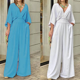 Solid Color Jumpsuits For Woman Jumpsuit Women's Clothing Temperament Simple Style Casual V-link Loose Tighten The Waist Elegant