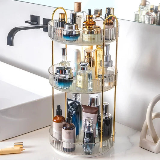 Rotating Makeup Organizer for Vanity, 3-Tier Skincare Organizers, Large Storage Bathroom Countertop, Clear Cosmetic Holder for Dresser