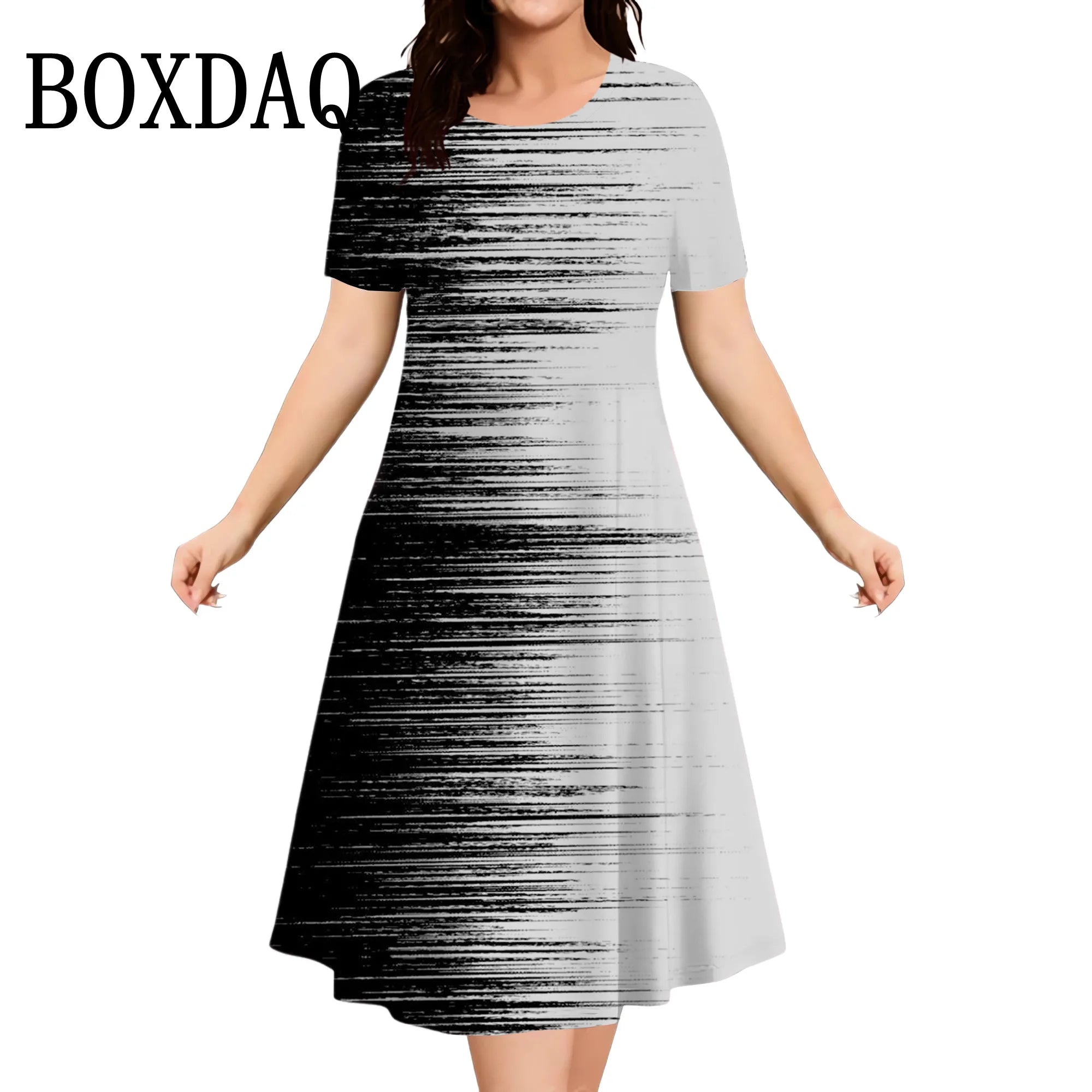 2025 Summer Women Dress Fashion Plus Size Short Sleeve Dress Black White Contrast Color Loose A-Line Dress Big Size 9XL Clothing