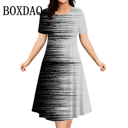 2025 Summer Women Dress Fashion Plus Size Short Sleeve Dress Black White Contrast Color Loose A-Line Dress Big Size 9XL Clothing