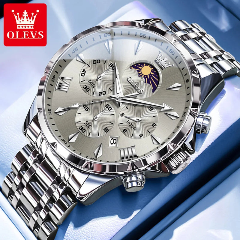 OLEVS 3653 Mens Watch Quartz Watch Multifunctional Chronograph Watch For Men 30M Waterproof Luminous Moon Phase Box Original