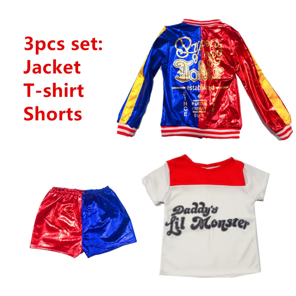Harley Quinn Cosplay Suicide Squad Harleen Quinzel Kids Girls T-Shirt Joker Jacket Halloween Costume
