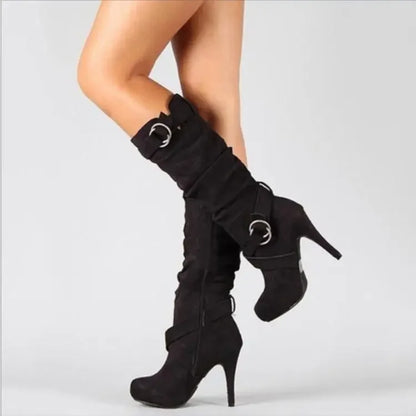 Botas sexis hasta la rodilla para mujer, tacón fino, punta redonda, plataforma, botas de piel sintética a la moda para mujer, talla 34-43