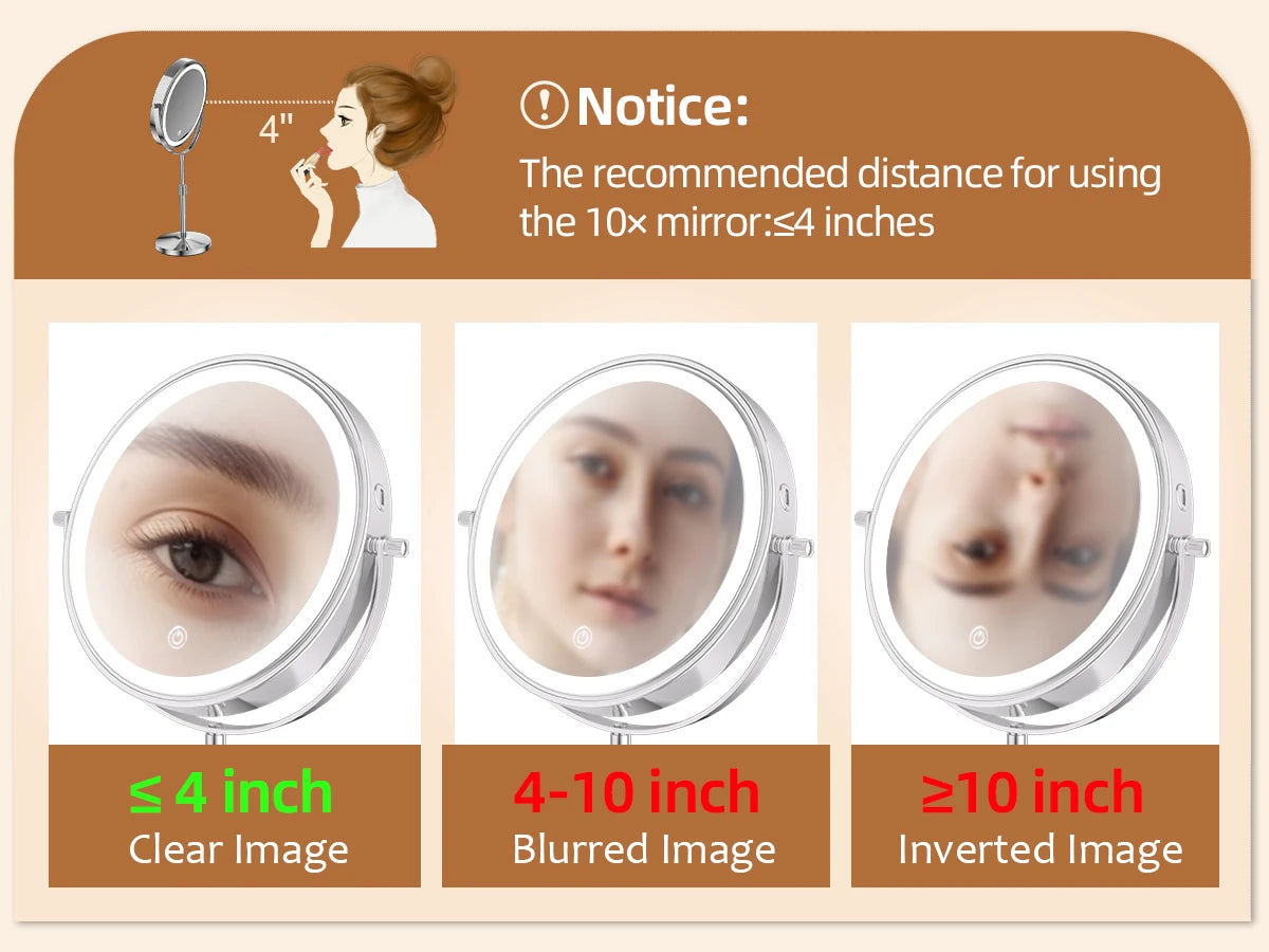8 Inch Makeup Mirror With Light Lamp 10X Magnification 3 Color Lights,Adjustable Brightness Height Standing Cosmetic Mirror