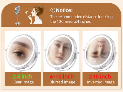 8 Inch Makeup Mirror With Light Lamp 10X Magnification 3 Color Lights,Adjustable Brightness Height Standing Cosmetic Mirror