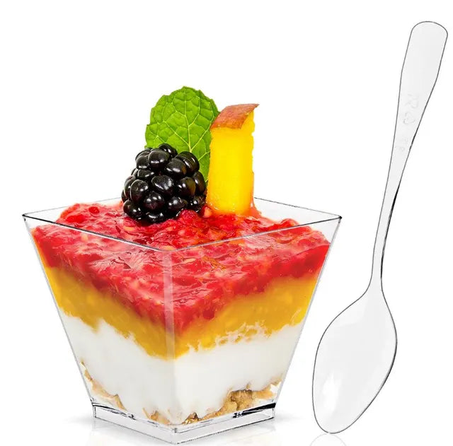 20X2oz Square Mini Dessert Cups with Spoons, Clear Plastic Parfait Appetizer Cup for Party Dessert Tasting Appetizers 
