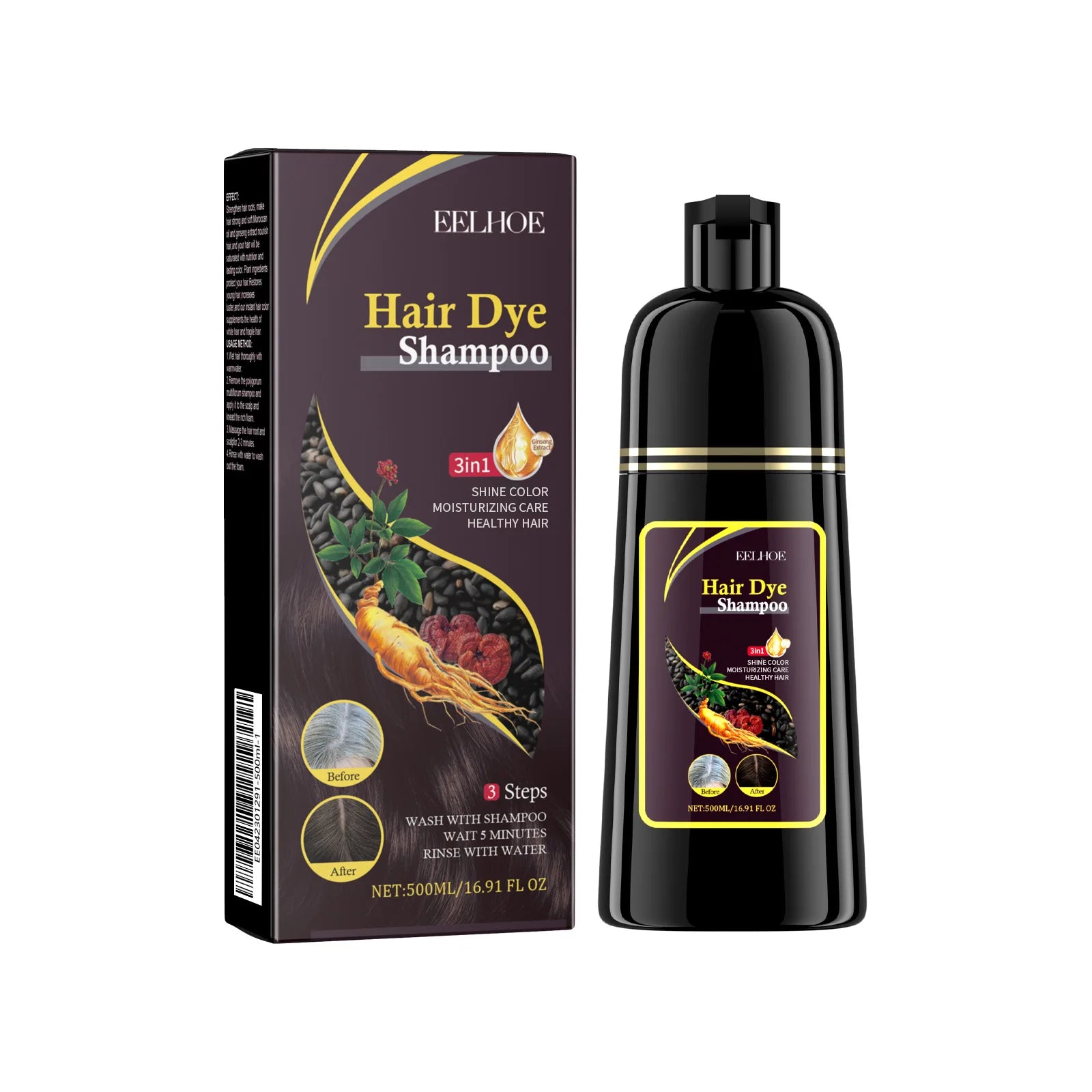 Shampoo EELHOE 3 em 1 para Tingir Cabelos de Preto: Crescimento, Limpeza, Escurecimento e Nutrição Profunda – Fórmula Natural, Orgânica e à Base de Ervas