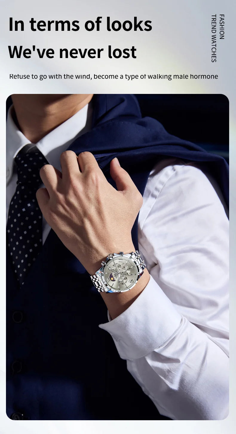 OLEVS 3653 Mens Watch Quartz Watch Multifunctional Chronograph Watch For Men 30M Waterproof Luminous Moon Phase Box Original