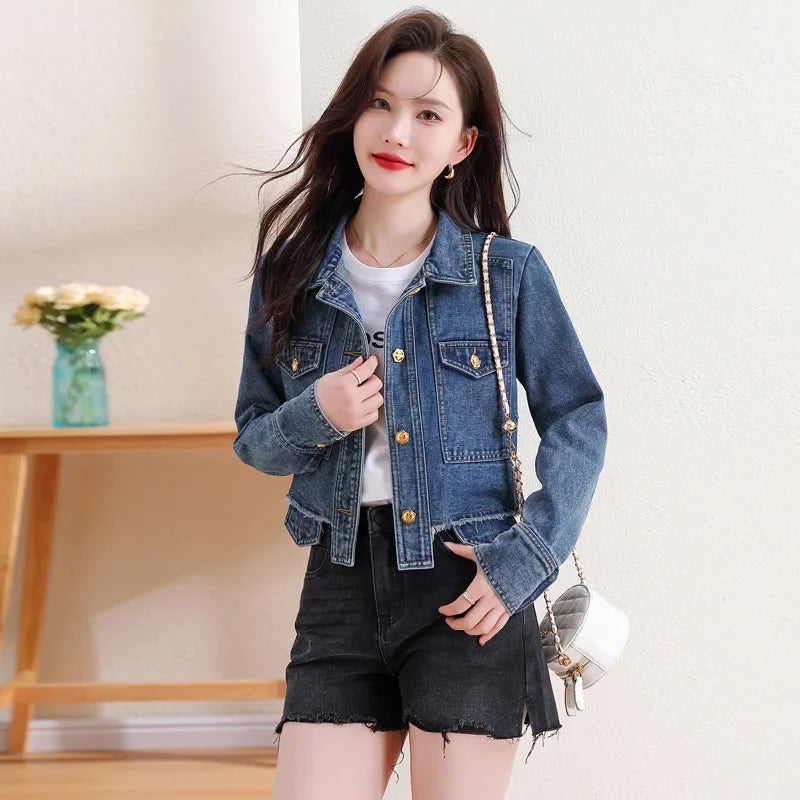 In Stock Hong Kong Style Denim Jacket For Women Korean Version Petite Denim Top Tweed Style Jacket Fashionable Streetwear