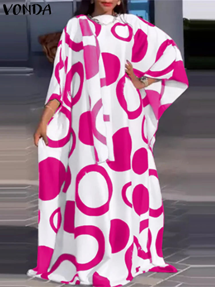 Vonda-vestido maxi estampado feminino, vestido longo boêmio, 3/4 de manga de taco, casual solto, plissado, grandes dimensões, tamanho grande, outono, 2024