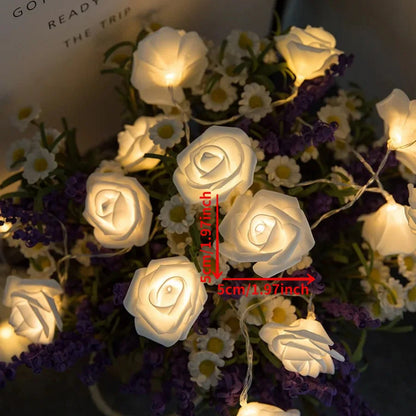Guirnalda de luces LED con flores artificiales, ramo de rosas, lámpara romántica, guirnalda de luces de hadas para decoración de bodas y San Valentín