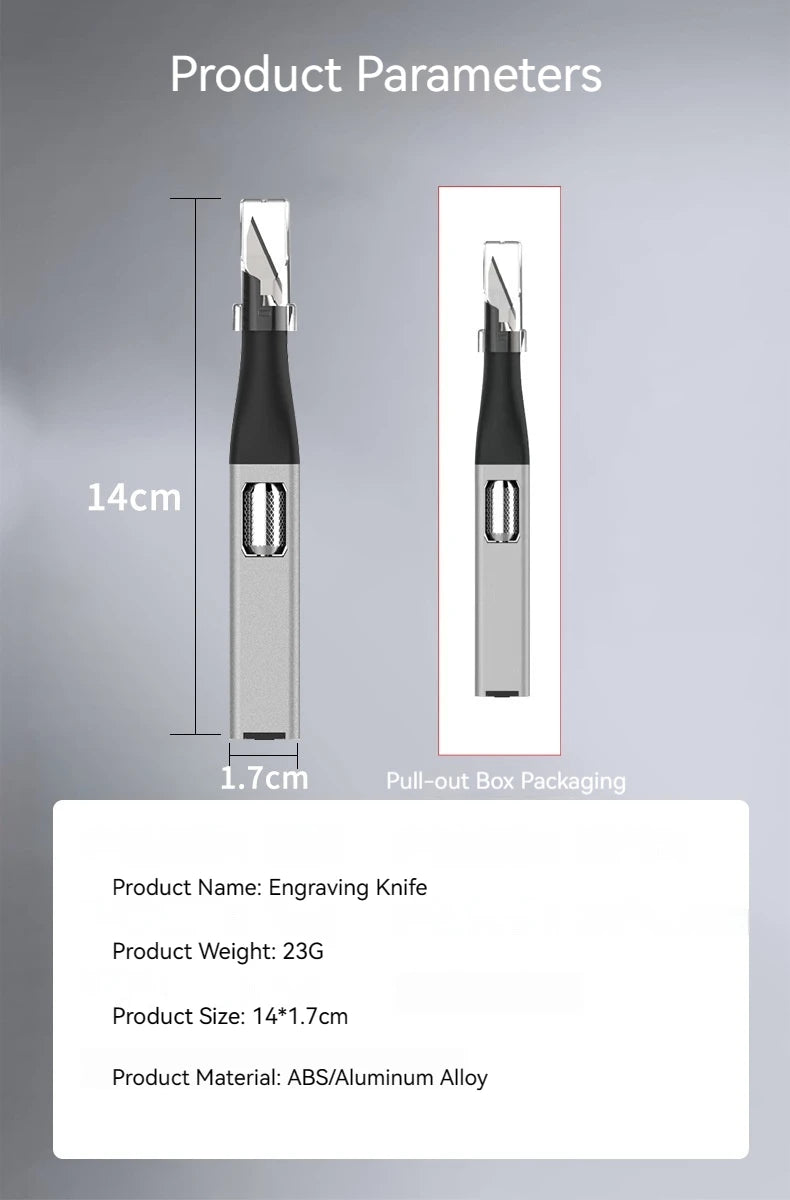 Cuchillo para trinchar con mango de aluminio en forma de bolígrafo, incluye 5 hojas con diseño de herradura que puedes reemplazar tú mismo.