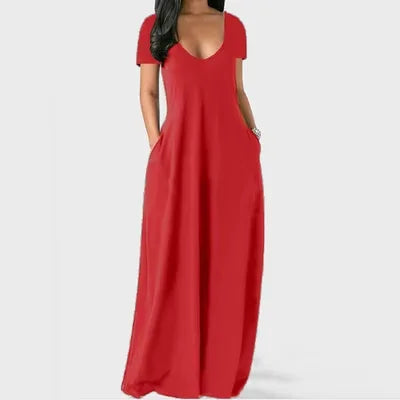 AliExpress Europa e nos Estados Unidos verão transfronteiriço novo plus size vestido de cor sólida sexy profundo V manga curta saia longa